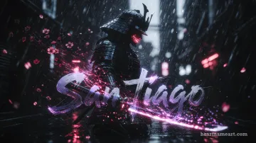 Diseño Samurái Eléctrico con el nombre Santiago en pantalla de laptop