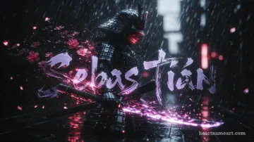 Diseño Samurái Eléctrico con el nombre Sebastian en pantalla de laptop