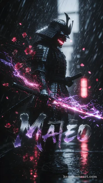 Diseño Samurái Eléctrico con el nombre Mateo en pantalla de teléfono