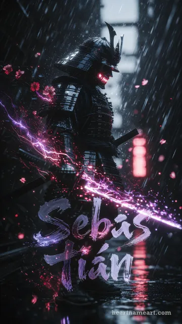 Diseño Samurái Eléctrico con el nombre Sebastian en pantalla de teléfono